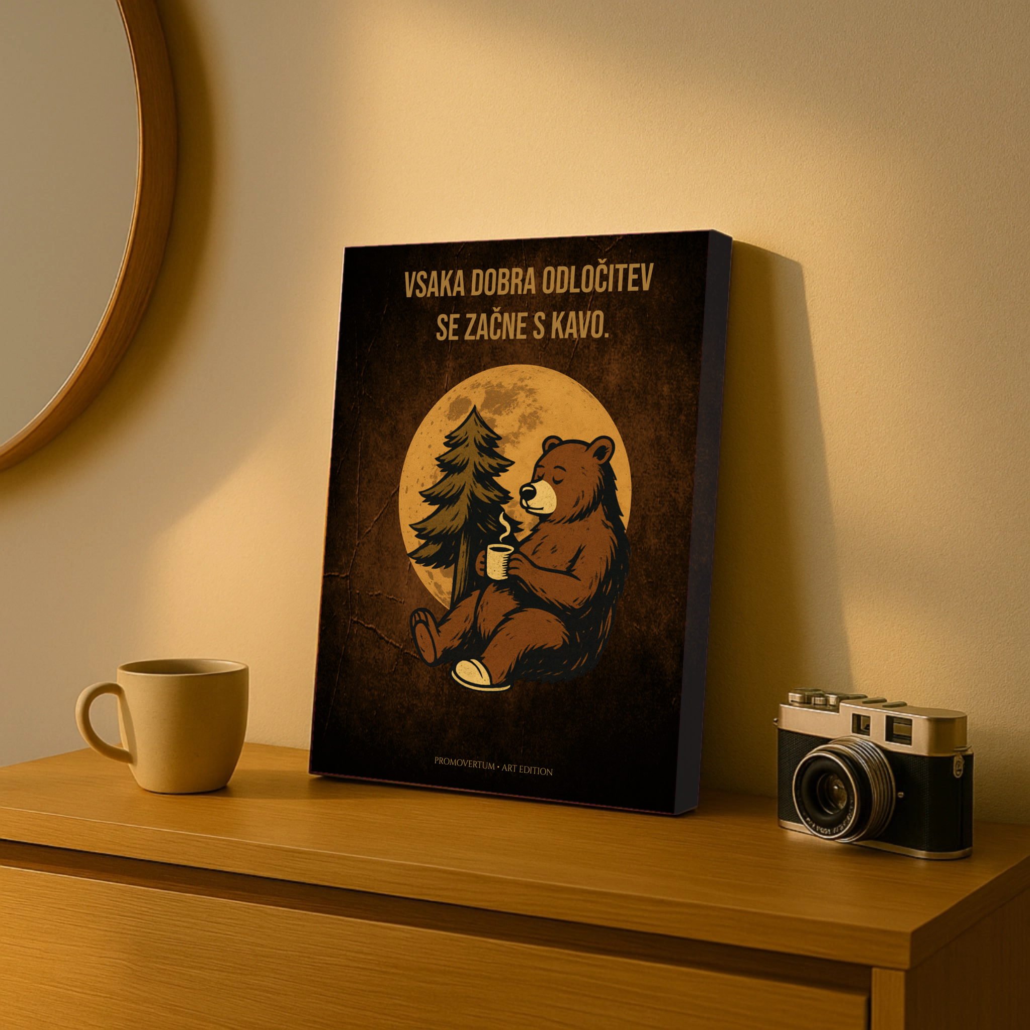 "Coffee Bear Art" Serija – Tri slike za ljubitelje kave | Vintage tisk na platno