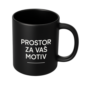 Črna sijajna skodelica z modernim belim napisom 'Prostor za vaš motiv', minimalističen dizajn za prikaz personaliziranega tiska