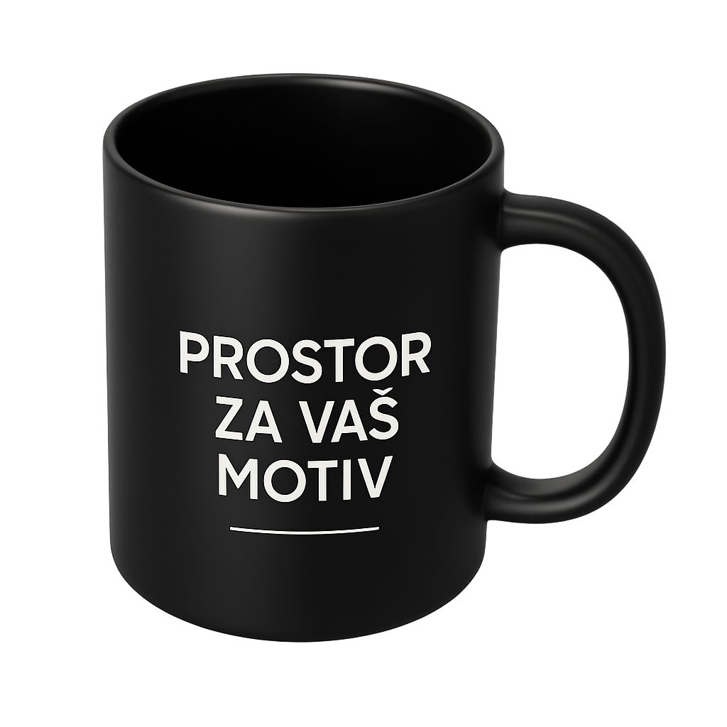 Črna sijajna skodelica z modernim belim napisom 'Prostor za vaš motiv', minimalističen dizajn za prikaz personaliziranega tiska